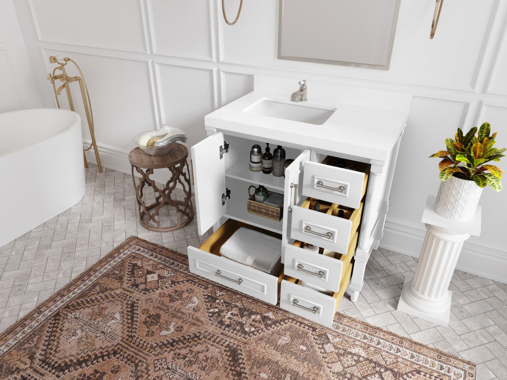 Aberdeen 36 Left Offset Bath Vanity in White 2" Calacatta Gold