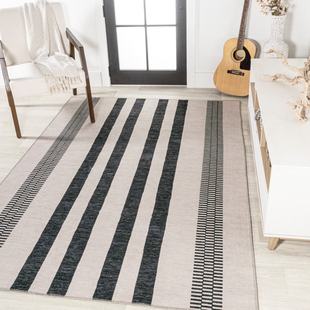 Vichy Geometric Striped Machine-Washable Area Rug, Cream/Black, 4x6