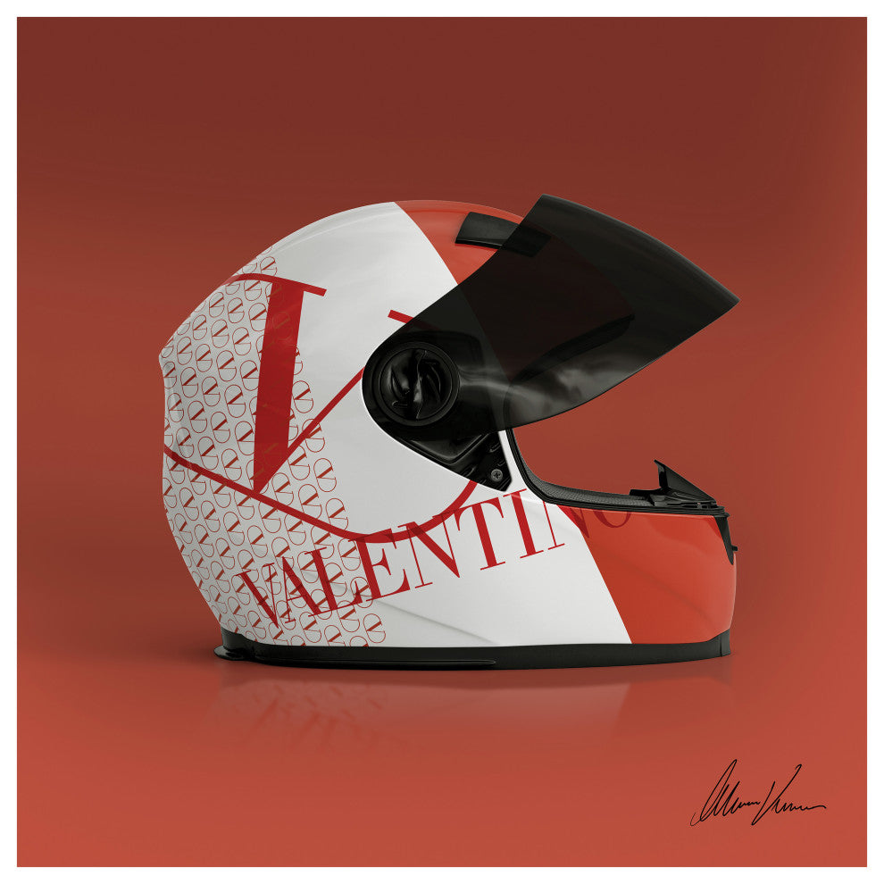 "Valentino Speeding Helmet" Frameless Floating Tempered Glass Panel Wall Art