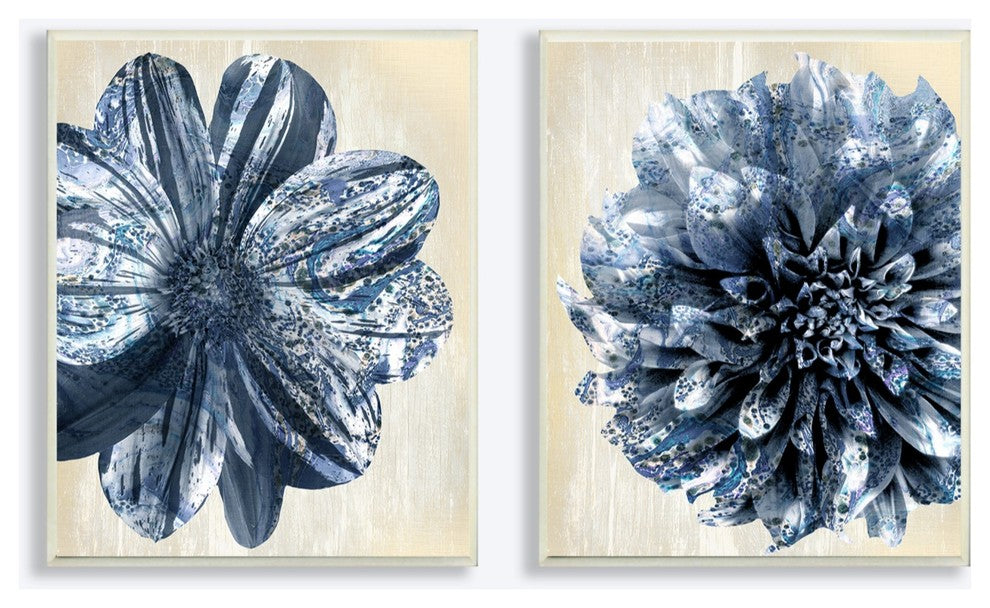 Indigo White & Tan Marble Blooming Flowers 2-Piece Wall Art Set, 10"x15"