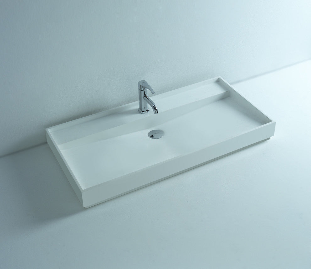 ADM Rectangular Stone Resin Countertop Sink, White, 35", Glossy White
