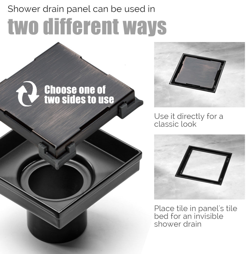 HEATGENE Square Shower Drain With Flat Cove, Venetian Bronze, 6"