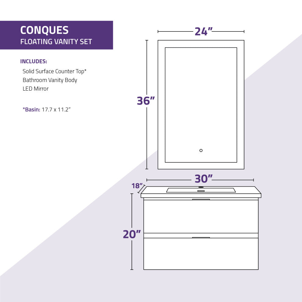 Conques 30" Wall Mount Bathroom Vanity Set, Rich Gray