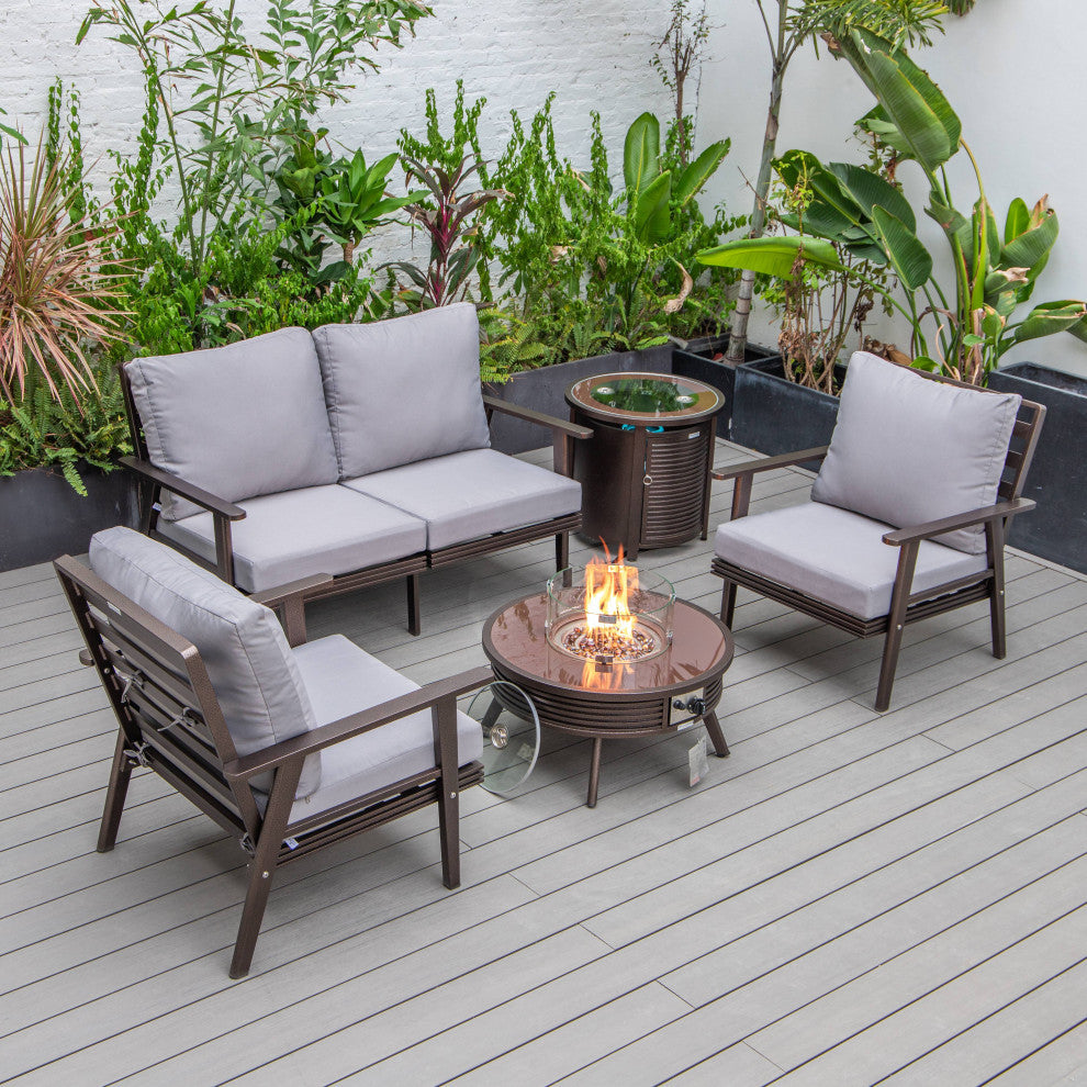 LeisureMod Walbrooke Patio Conversation Set With Fire Pit Table, Grey