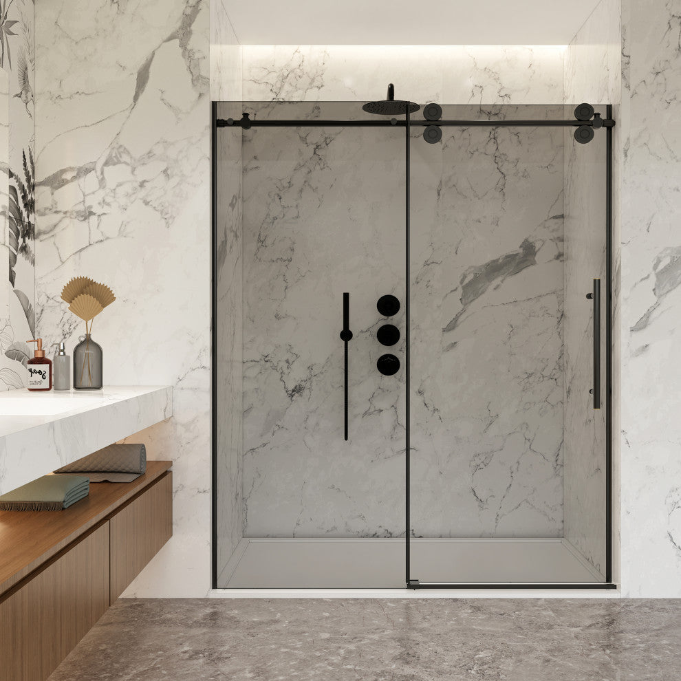 Echarri Single Sliding Frameless Shower Door, Tinted Glass, Matte Black, 68" W X 78"h
