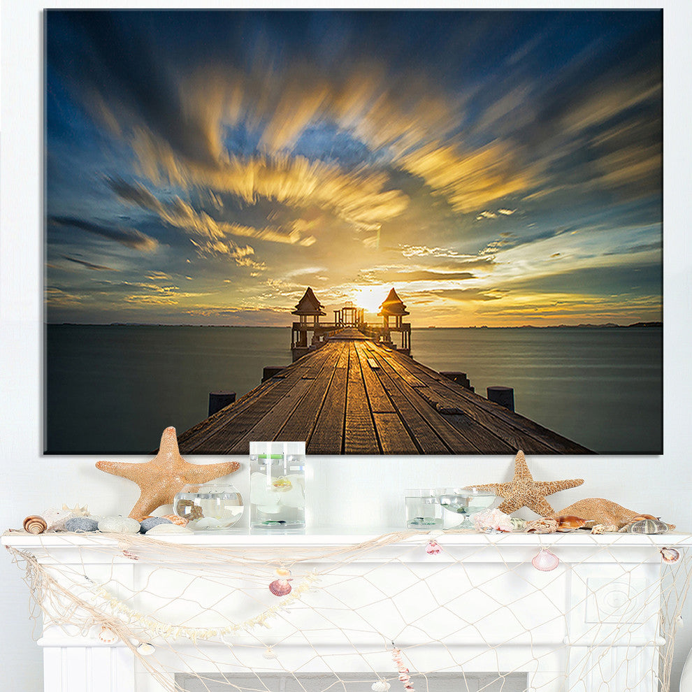 "Wooden Bridge Under Dramatic Sky" Sea Pier and Bridge Wall Art Canvas, 40"x20"