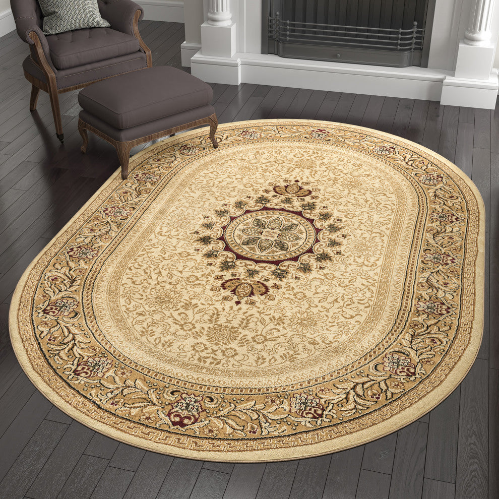 Jayden Traditional Oriental Area Rug, Ivory, 5'3''x7'3'' Oval