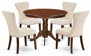 5Pc Dining Set 4 Upholstered Chairs, Round Table Hardwood Frame, Mahogany Finish