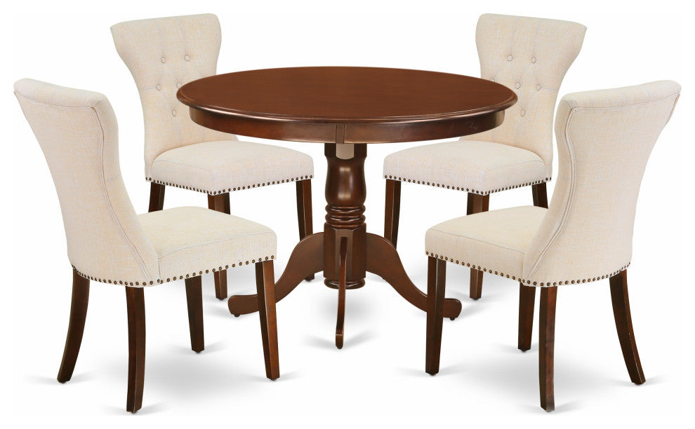 5Pc Dining Set 4 Upholstered Chairs, Round Table Hardwood Frame, Mahogany Finish