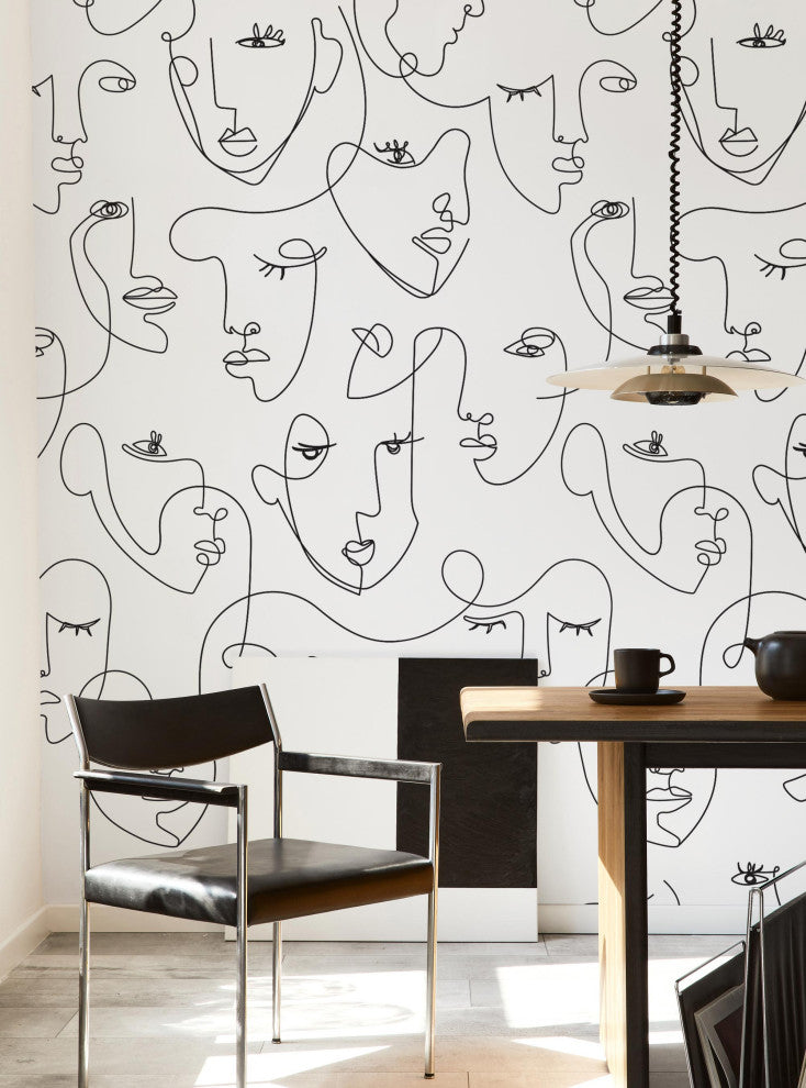 Minimalist Face Line Art Mural Peel and Stick Vinyl Wallpaper, Black, 24x108