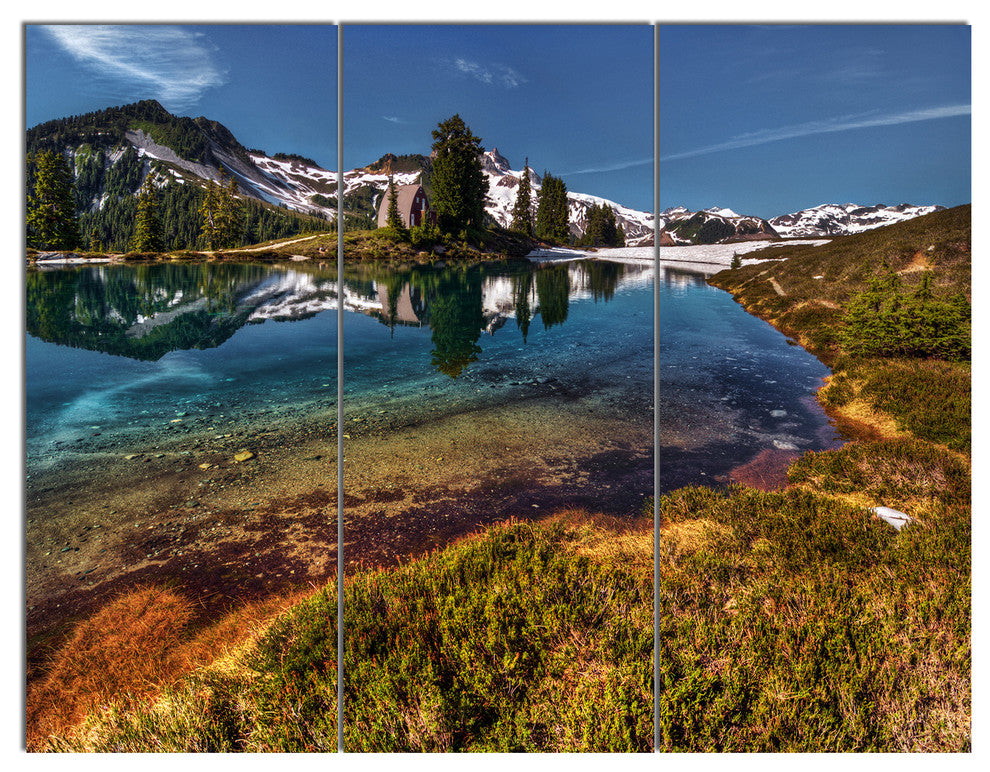 Curving Mountain Lake Shore, Landscape Canvas Art Print, 36x28, 3 Panels