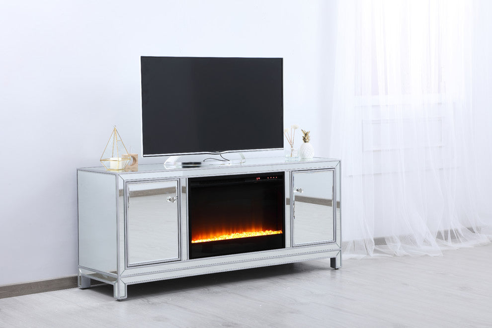 60" Mirrored TV Stand, Crystal Design Fireplace Insert