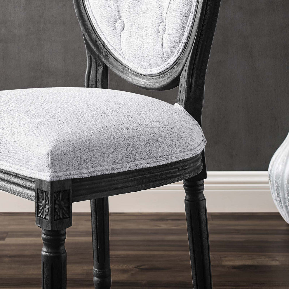 French Vintage Side Dining Chair, Fabric, Wood, Black Gray, Modern, Bistro