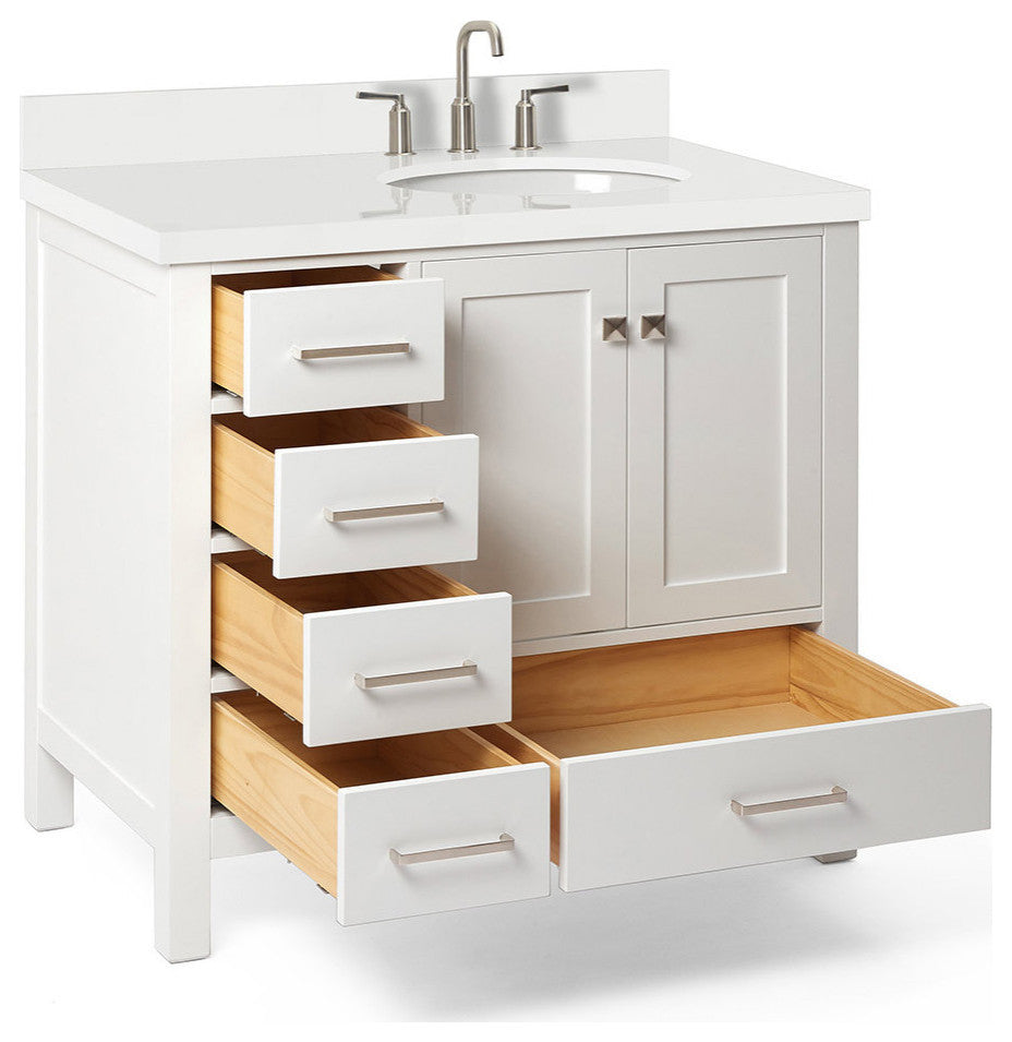 ARIEL Cambridge 37" Right Offset Oval Sink Bathroom Vanity White With Quartz Top