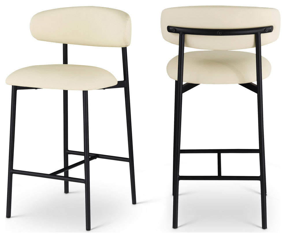 Lupita Upholstered Counter Stool, Cream, Vegan Leather, Matte Black, Set of 2