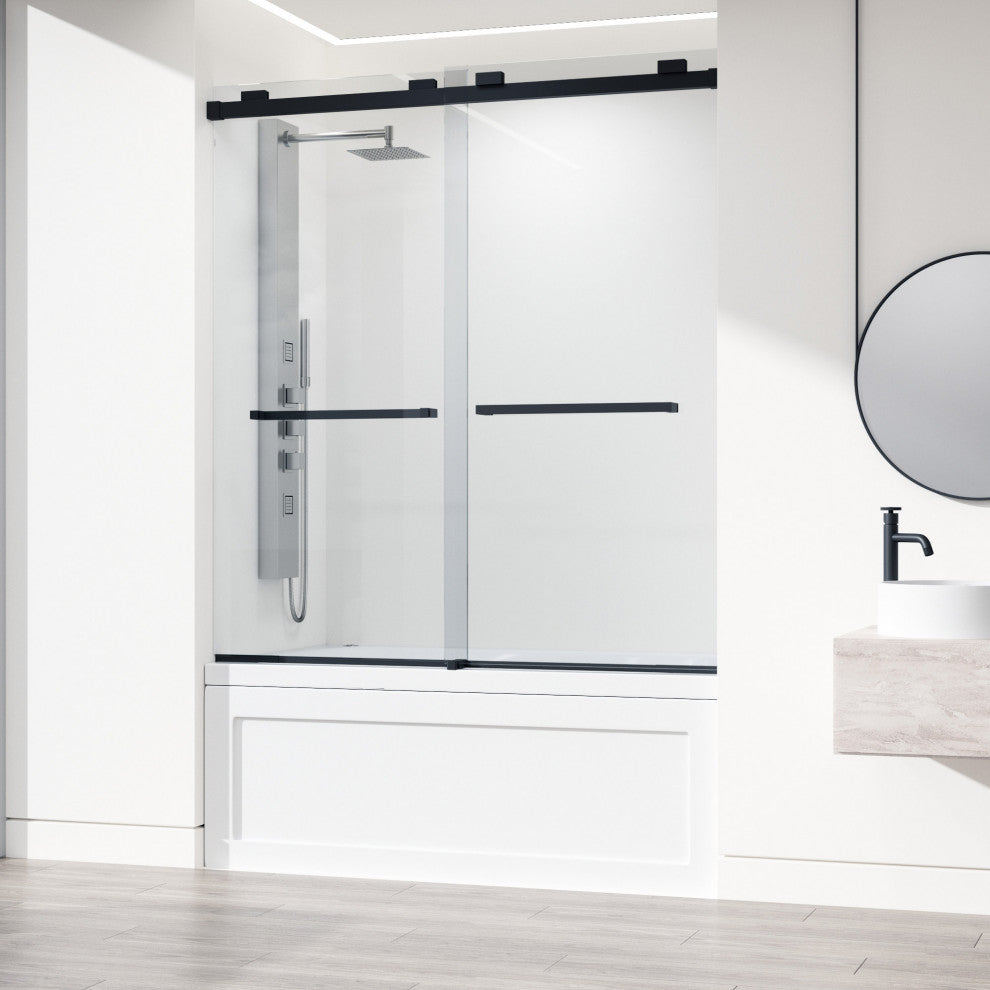 VIGO Houston Frameless Sliding, V-Motion, Matte Black, Tub Door, 56" to 60" W X 66" H, Clear Glass