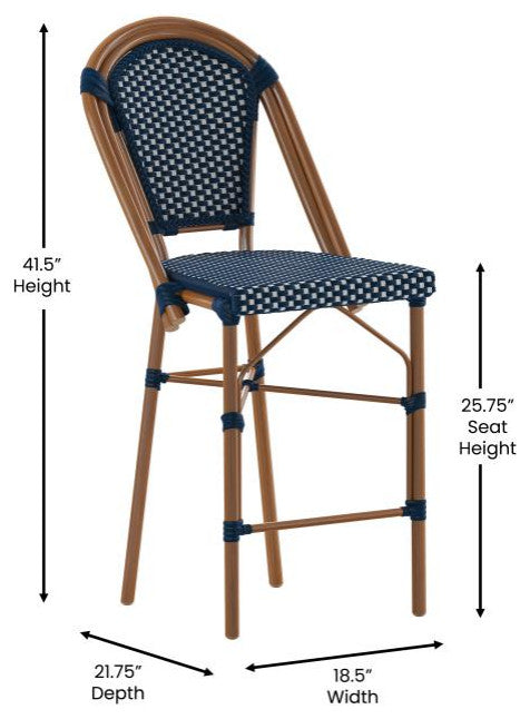 Set of 2 Stackable Indoor/Outdoor French Bistro 26" High Bar Stools, Navy & White/Natural Frame