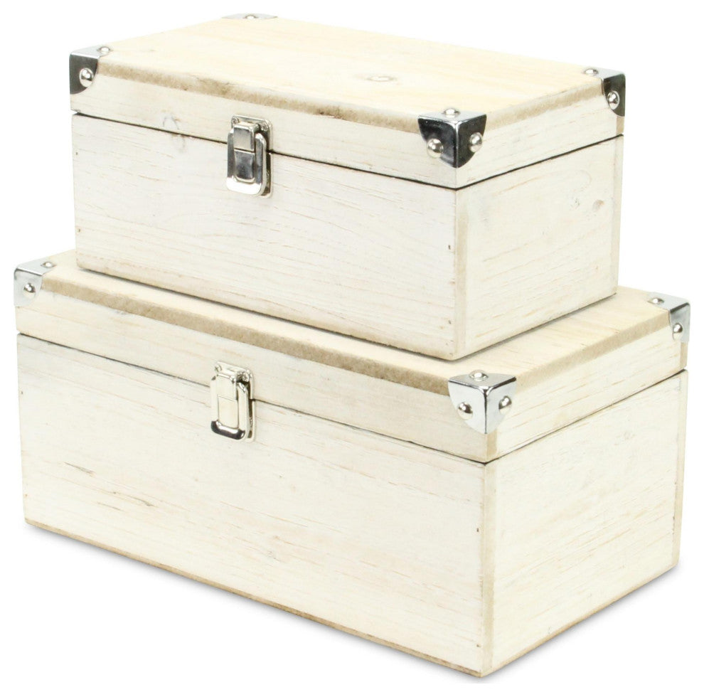 Set of 2 White Wash Wood Box With Bronze Corner Accent