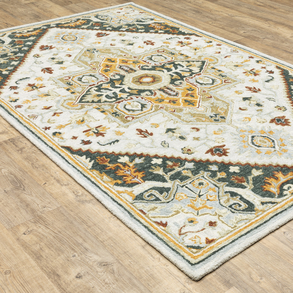 Asher Bohemian Traditions Ivory and Charcoal Area Rug, 5'x8'