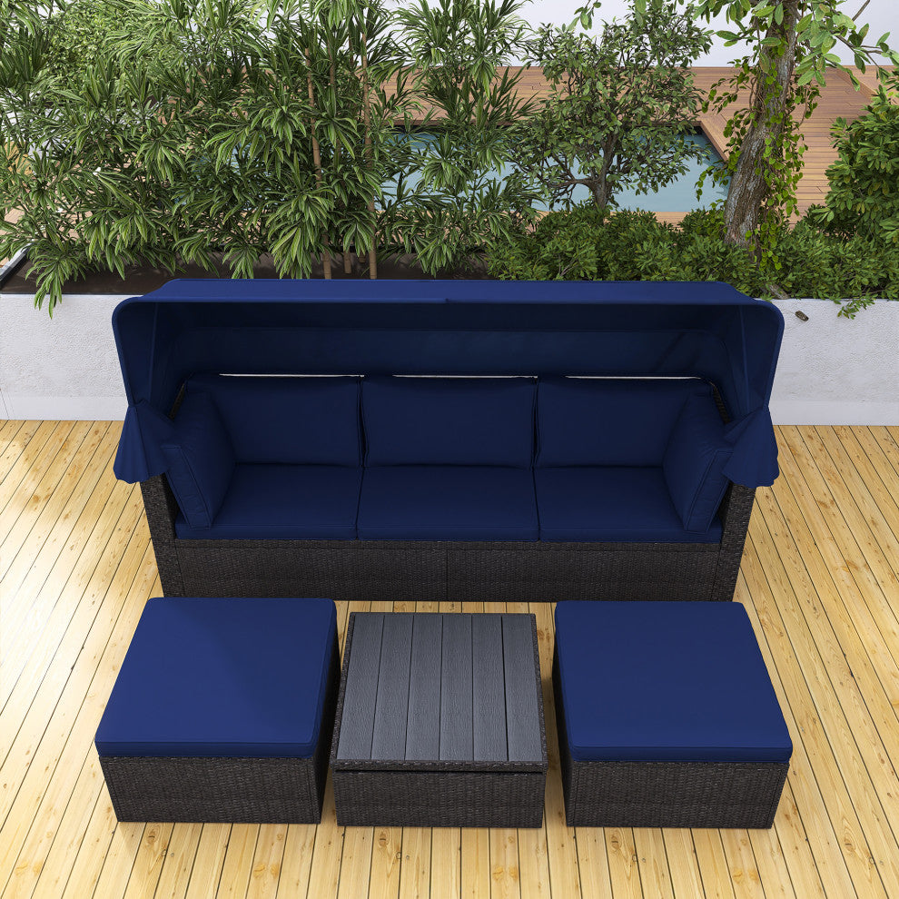 4-Piece Outdoor Wicker Sectional Patio Daybed with Canopy and Ottoman, Black Blu