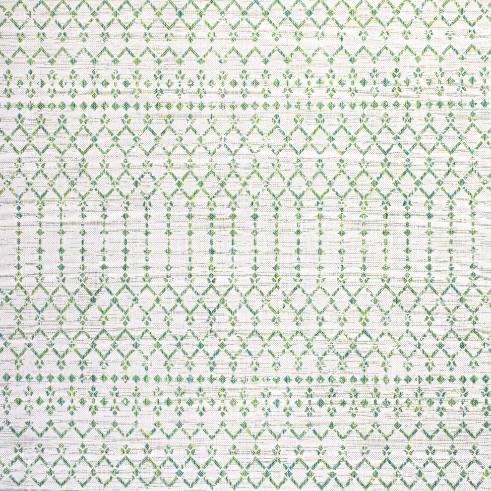 Ourika Moroccan Geometric Indoor/Outdoor Rug, Green/Ivory, 5' Square