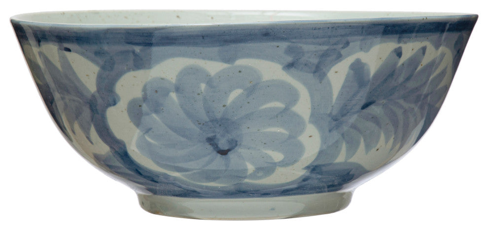 Hand Painted Stoneware Bowl with Floral Design, Blue and White