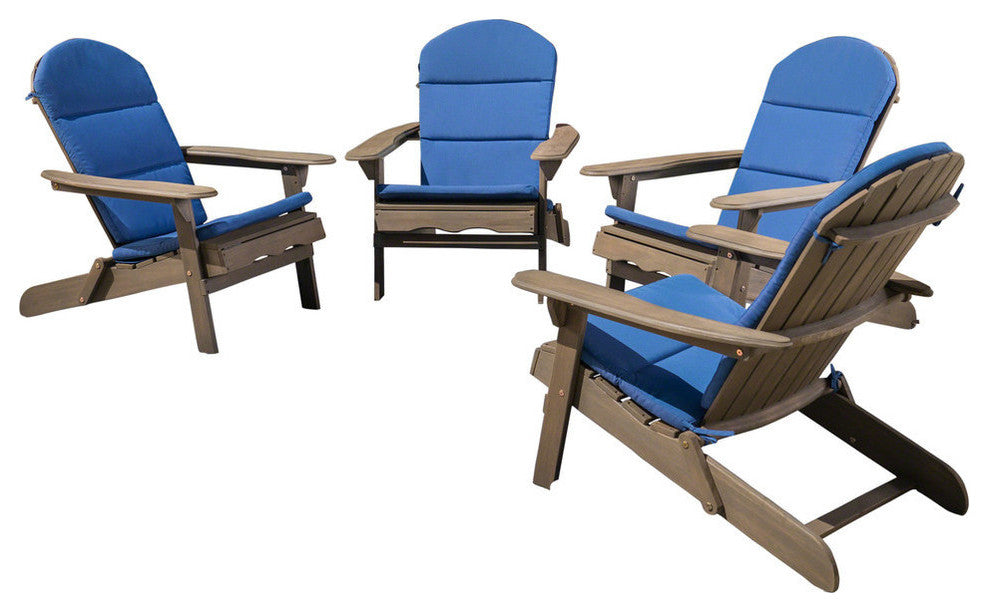 Malibu Outdoor Acacia Folding Adirondack Chairs and Cushion, Set of 4, Navy Blue