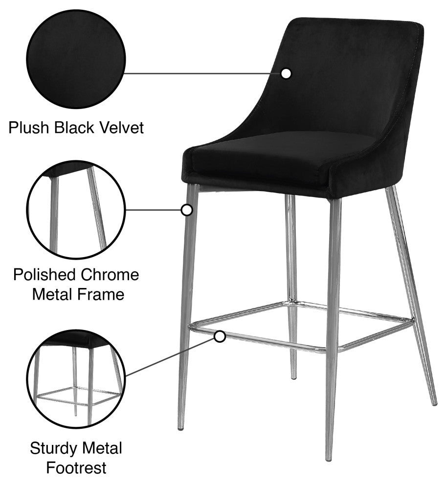 Karina Velvet Stool (Set of 2), Black, Chrome Base