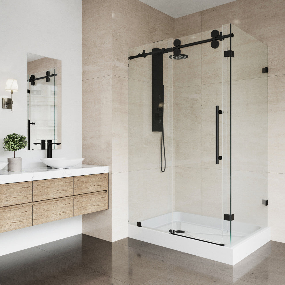 VIGO Winslow Frameless Sliding Shower Enclosure, Matte Black, 36" D X 48" W X 80" H, Left Drain Base