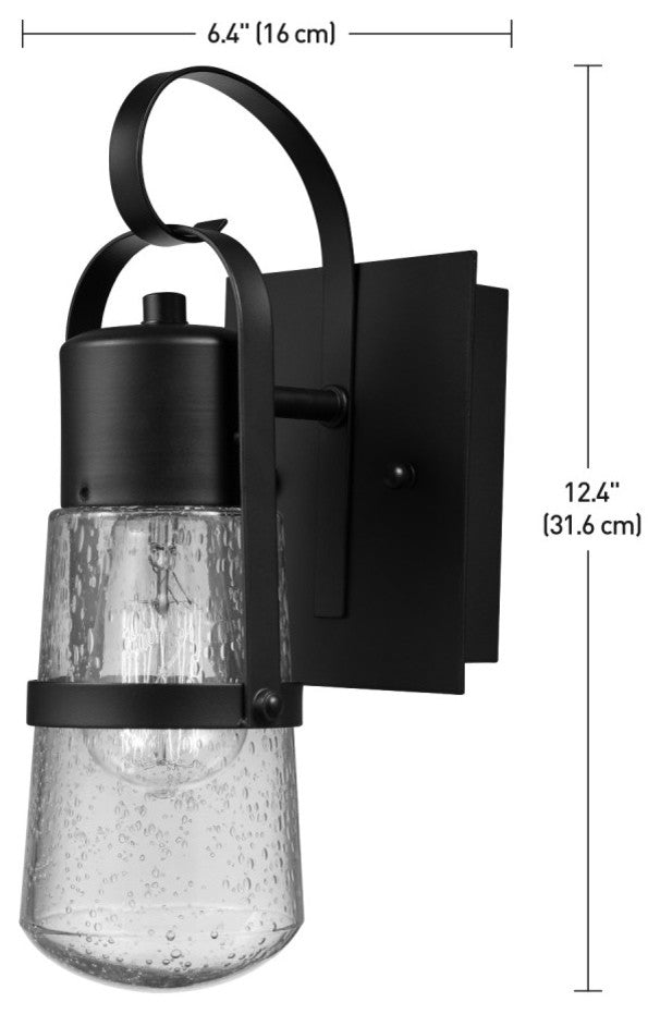 Helm 12" 1-Light Matte Black Outdoor Wall Sconce with Clear Seeded Glass Shade