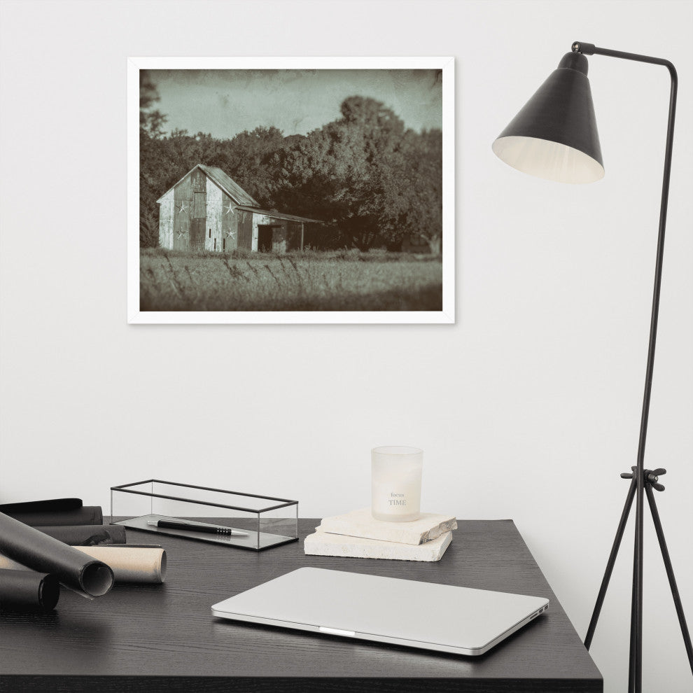 Patriotic Barn in Field Vintage Black and White Framed Photo Wall Art Print, White, 16" X 20"