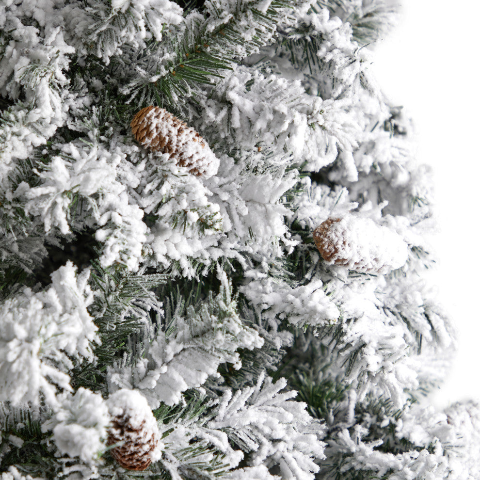 9' Flocked White River Mountain Pine Christmas Tree With Pinecones, 650 LEDs