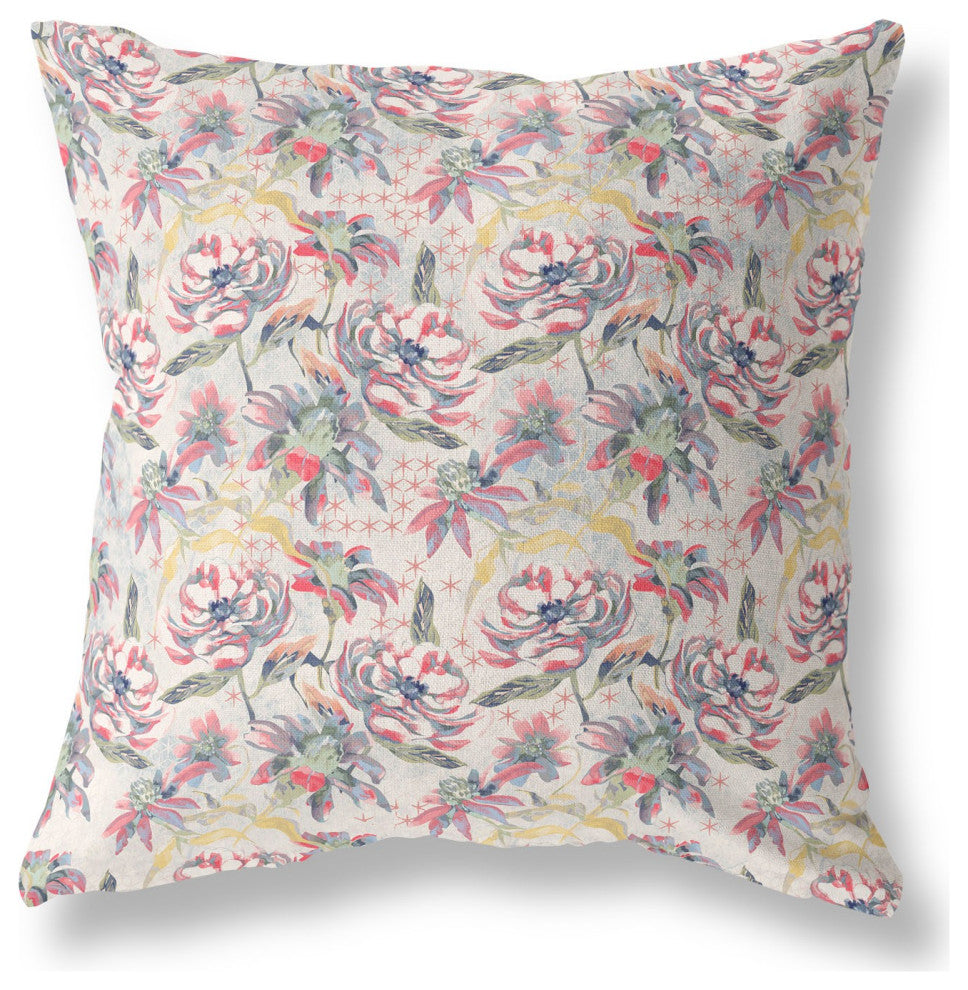 18" Pink Yellow Roses Indoor Outdoor Throw Pillow