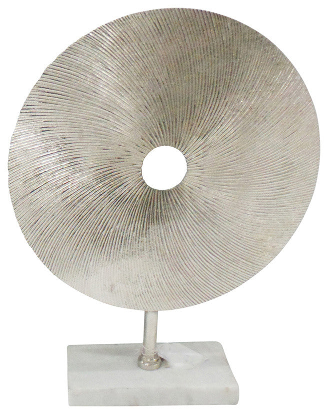 Solid Metal Disk Sculpture On Stand, Silver