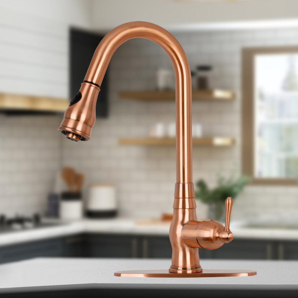 Pull Down Kitchen Faucet With Deck Plate, Single Level Solid Brass Sink Faucets,