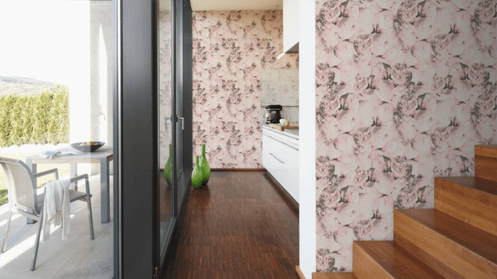 Floral Textured Wallpaper, Peony Flowers, 373982, Pink Rose Beige, 1 Roll