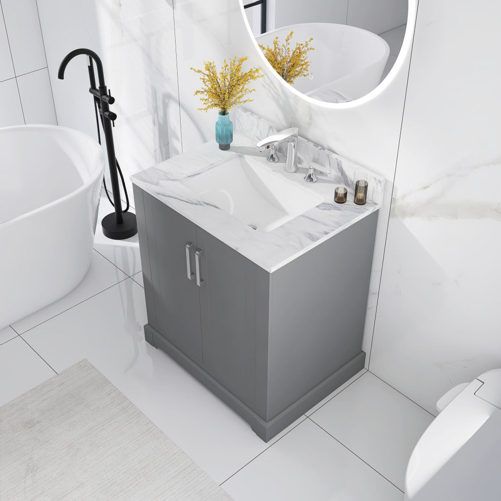 30" W x 22" D x 33" H Bath Vanity, Grey With Carrara White Marble