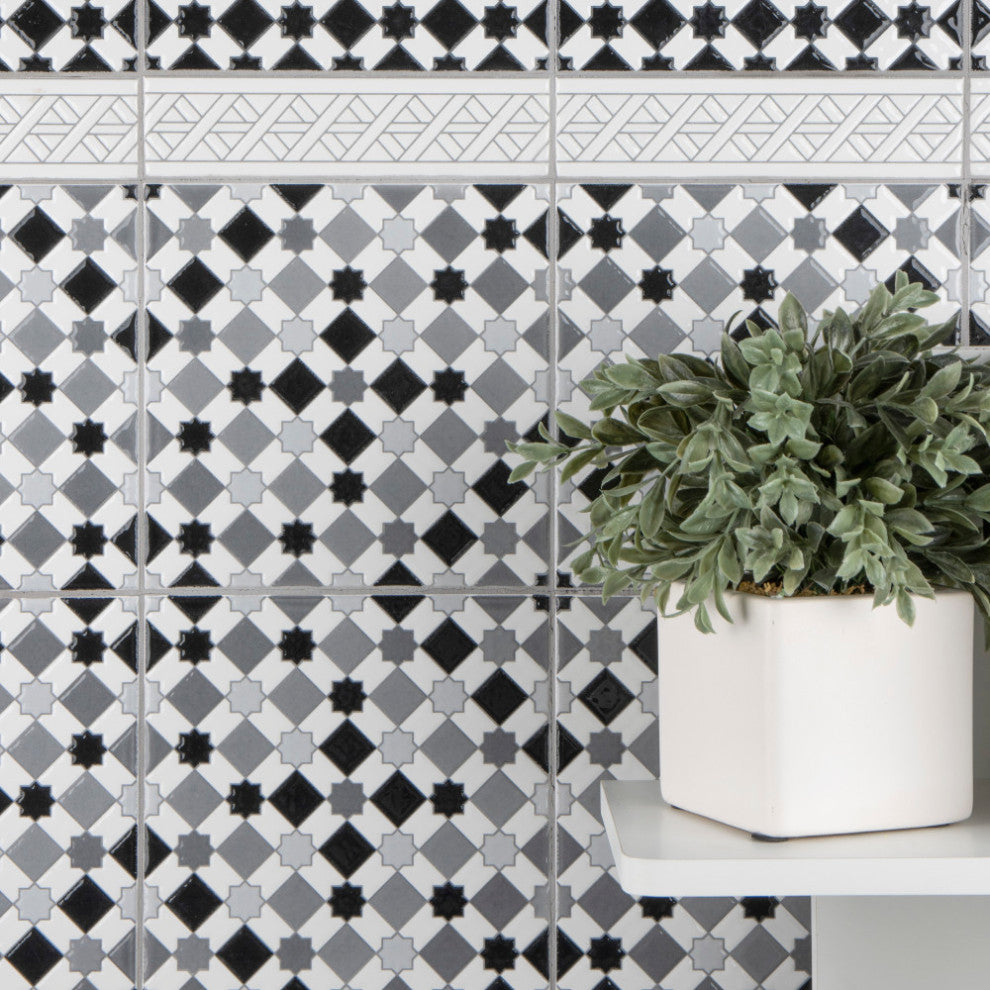 Sevillano Giralda Checkerboard Glossy Black and White Ceramic Wall Tile