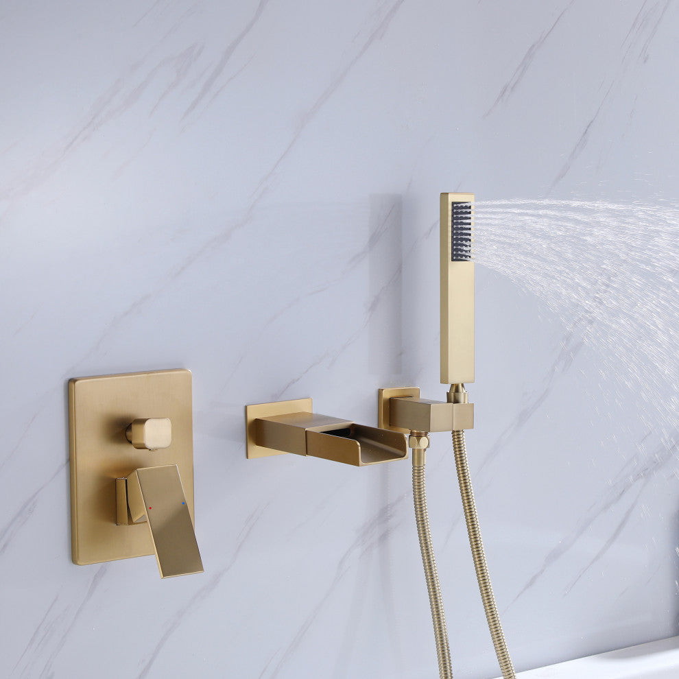 Modern Wall Mounted Dual Handle Bathtub Faucet with Hand Shower, Brushed Gold