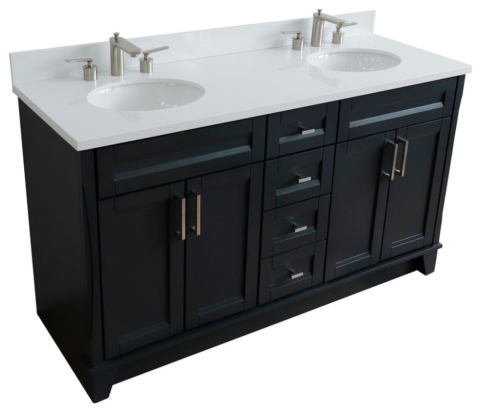 61" Double Sink Vanity, Dark Gray Finish And Engineered Stone Top And Oval Sink