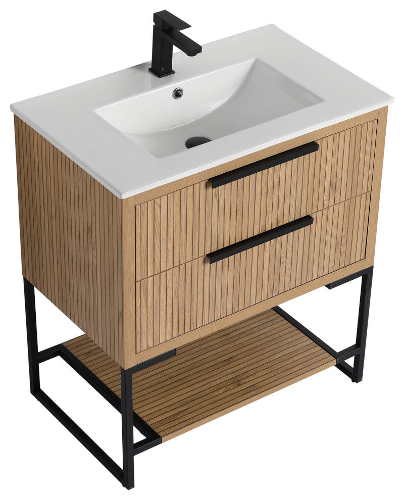 Kingsford Grooved-Look Bath Vanity, Bright Oak, White Ceramic Sink, 30", Drawers