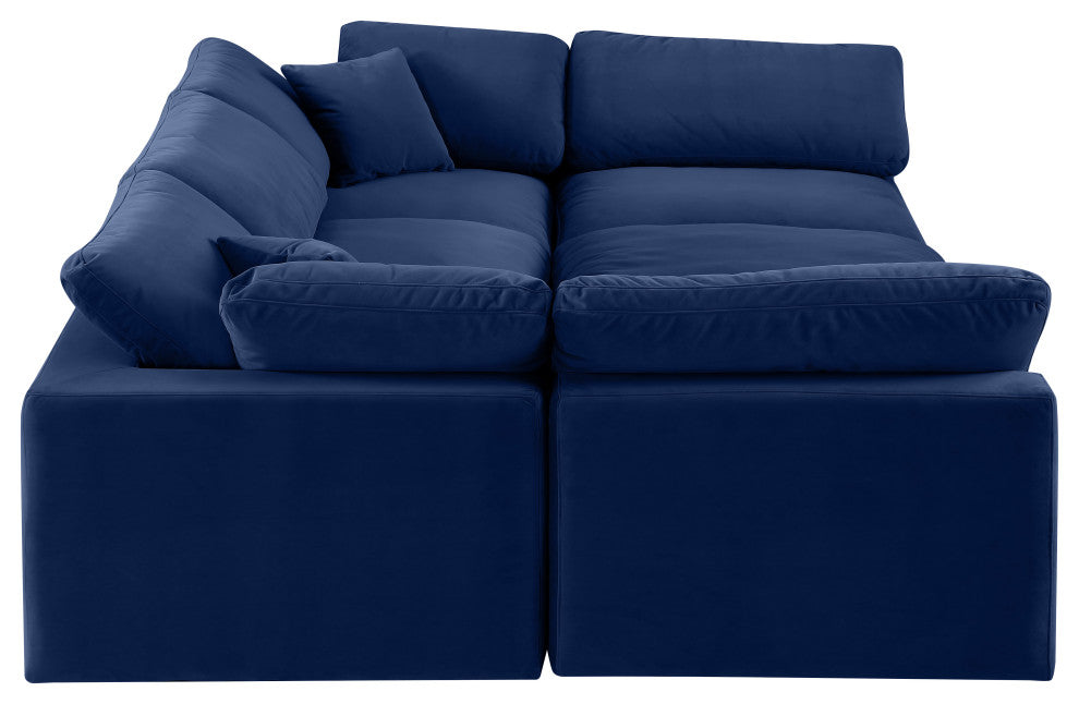 Comfy Upholstered U-Shaped Modular Sectional, Navy, 6-Piece: 3 Armless Chair, 2 Corner Chair, 1 Ottoman, Velvet
