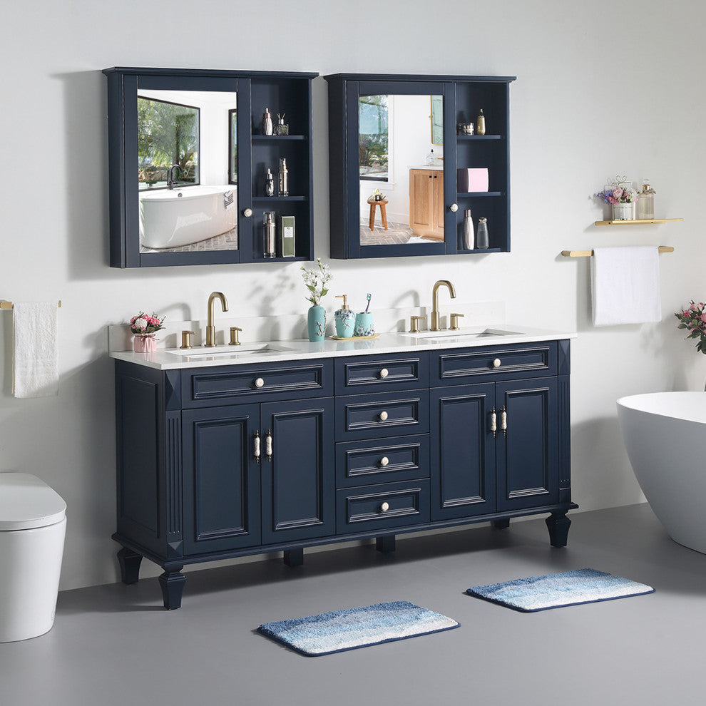 Solid Wood Bathroom Vanity with Quartz Top and cUPC Certified Sink, Navy Blue, 72 Inch