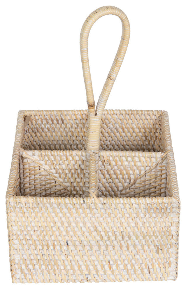 Loma Rattan Bottle and Silverware Caddy, White-Wash
