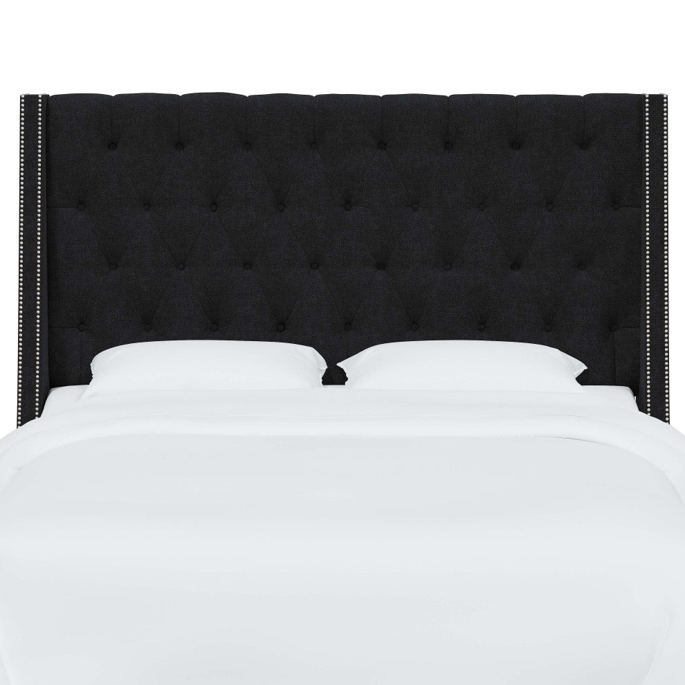 Tufted Sloped Wingback Headboard, Nail Trim, Zuma Caviar, Twin