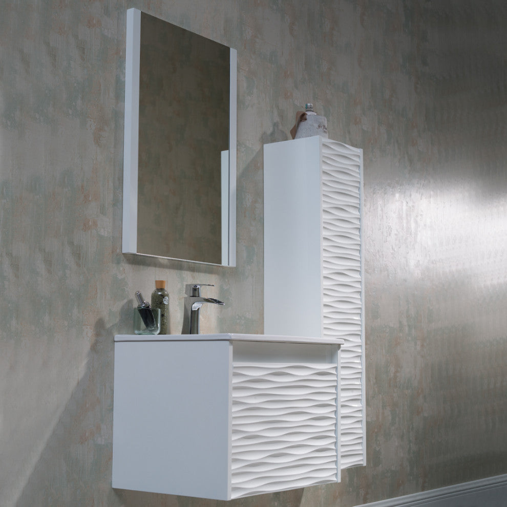 Floating Bathroom Vanity Set, Glossy White, 24" With Sink, Mirror & Side Cabinet