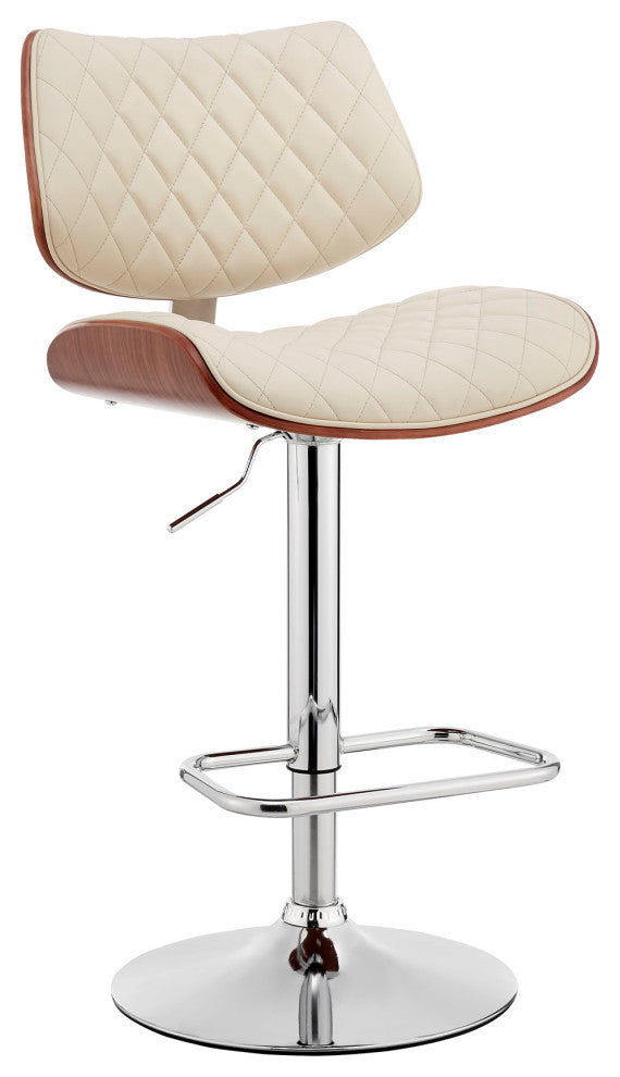 Leland Adjustable Faux Leather and Metal Bar Stool, Cream and Chrome