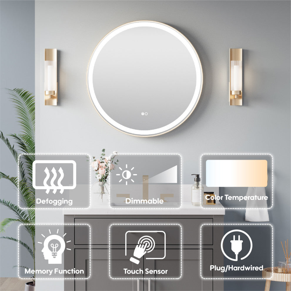 Round LED Bathroom Vanity Mirror, Defogger and Dimmer, ETL-listed, 28"x28", Brushed Gold