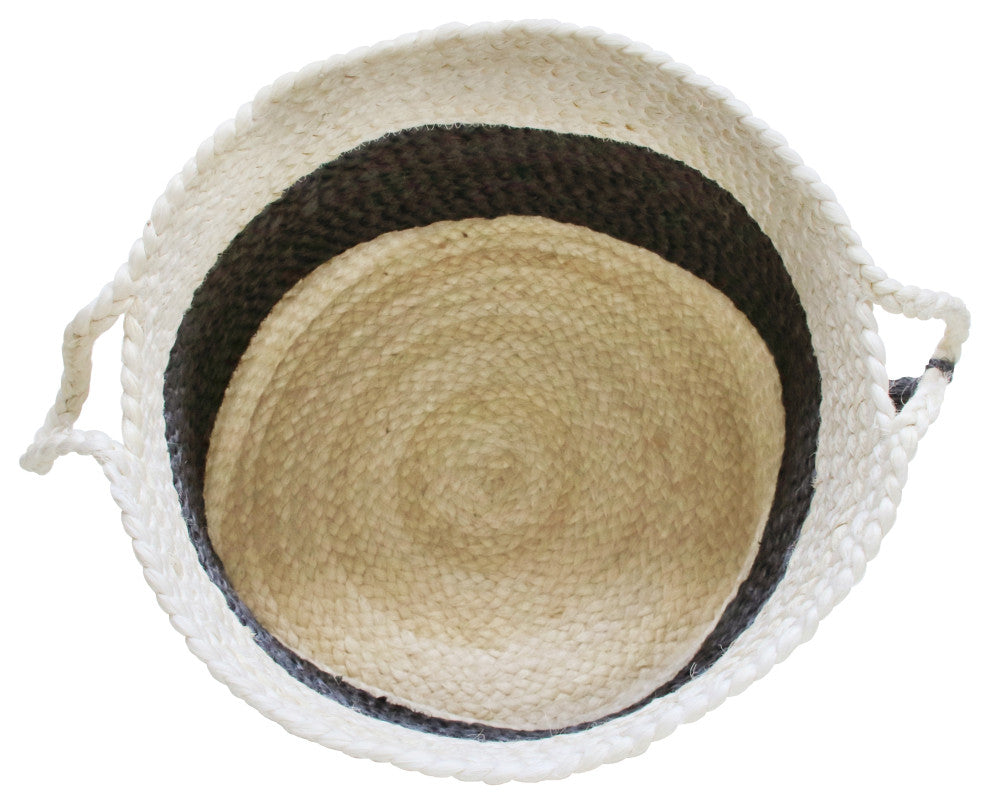 Bold Striped Off-White Jute Decorative Storage Basket with Handles