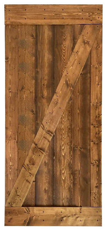 Stained Solid Pine Wood Sliding Barn Door, Walunt, 24"x84", Z Bar